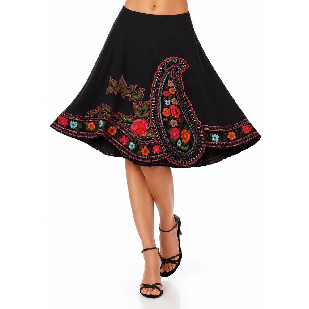 Basil & Maude Embroidered Beaded Paisley Skirt Size 6 Y2K Boho Floral A-Line VTG